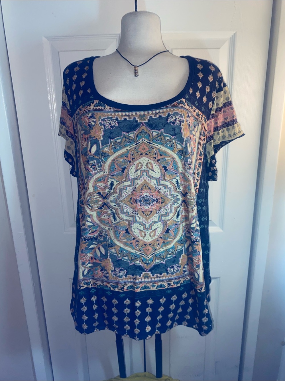 Lucky Brand Boho Medallion Scoop Neck Top - Black & Teal